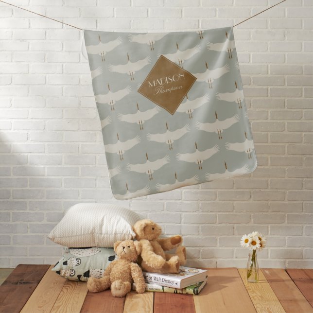 Dusty Blue Neutral Birds Cranes Art Deco Monogram Baby Blanket (In Situ)