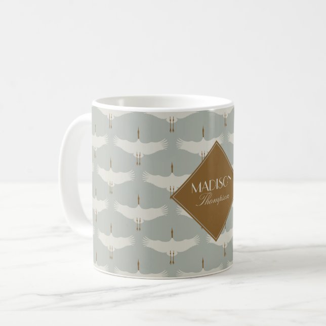 Dusty Blue Neutral Birds Cranes Art Deco Monogram Coffee Mug (Front Left)