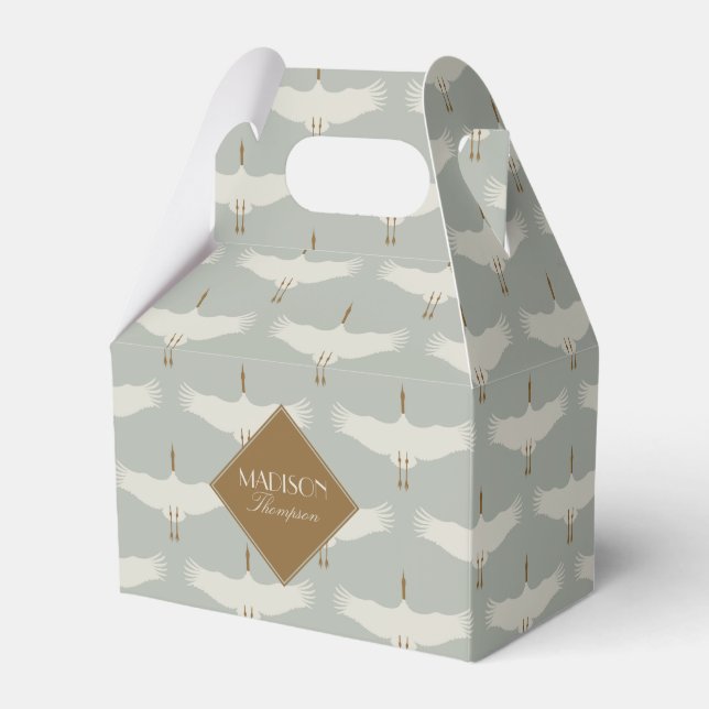 Dusty Blue Neutral Birds Cranes Art Deco Monogram Favor Boxes (Front Side)