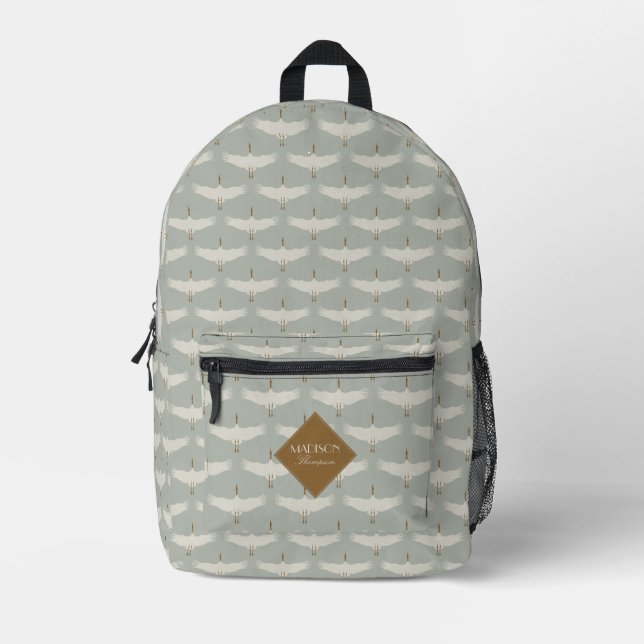 Dusty Blue Neutral Birds Cranes Art Deco Monogram Printed Backpack (Front)