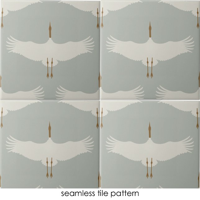 Dusty Blue Neutral Birds Cranes Art Deco Pattern  Ceramic Tile (Dusty Blue Neutral Birds Cranes Art Deco Pattern Ceramic Tile)