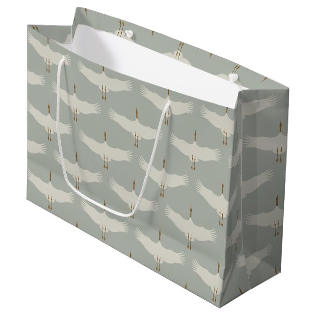 Dusty Blue Neutral Birds Cranes Art Deco Pattern  Large Gift Bag (Front Angled)