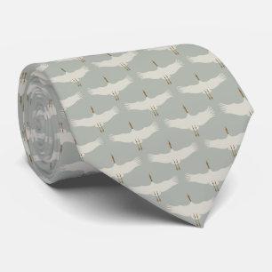 Dusty Blue Neutral Birds Cranes Art Deco Pattern Neck Tie