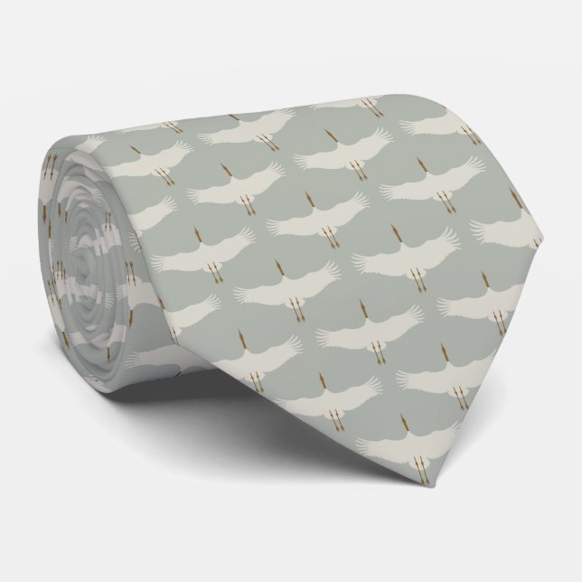 Dusty Blue Neutral Birds Cranes Art Deco Pattern  Neck Tie (Rolled)
