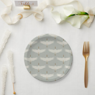 Dusty Blue Neutral Birds Cranes Art Deco Pattern  Paper Plates