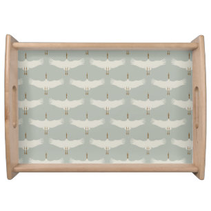 Dusty Blue Neutral Birds Cranes Art Deco Pattern  Serving Tray