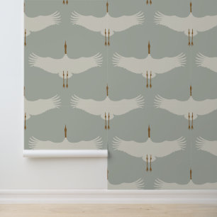 Dusty Blue Neutral Birds Cranes Art Deco Pattern Wallpaper