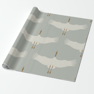 Dusty Blue Neutral Birds Cranes Art Deco Pattern Wrapping Paper