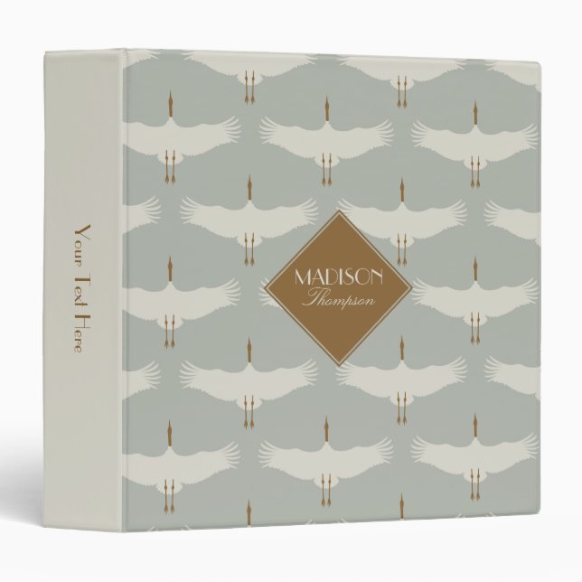 Dusty Blue Neutral Birds Swans Art Deco Monogram 3 Ring Binder (Front/Spine)