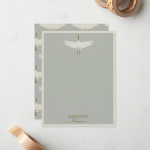 Dusty Blue Neutral Birds Swans Art Deco Monogram Note Card