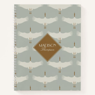 Dusty Blue Neutral Birds Swans Art Deco Monogram Notebook