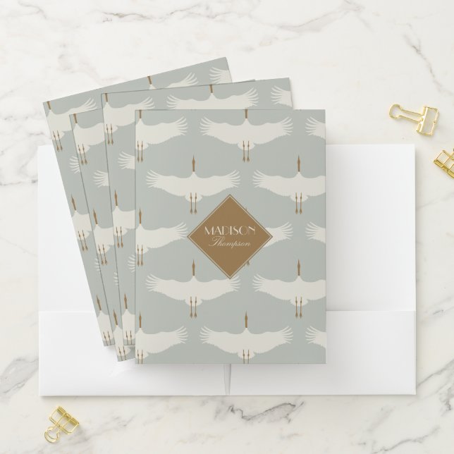 Dusty Blue Neutral Birds Swans Art Deco Monogram Pocket Folder (In Situ)