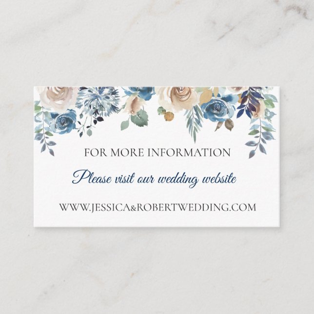 Dusty Blue Neutral Floral Wedding Details Card (Front)