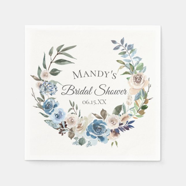 Dusty Blue Neutral Floral Wreath Personalized Paper Napkins (Front)