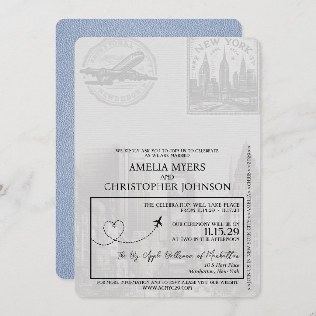 Dusty Blue New York City Passport Wedding Invitation (Front/Back)
