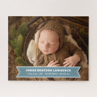 Dusty Blue Newborn Baby Boy Birth Stats Photo Jigsaw Puzzle