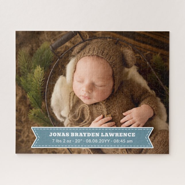 Dusty Blue Newborn Baby Boy Birth Stats Photo Jigsaw Puzzle (Horizontal)