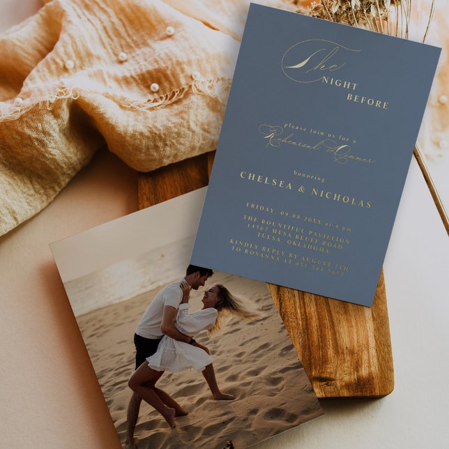 Dusty Blue Night Before Rehearsal Dinner Gold Foil Invitation (Creator Uploaded)