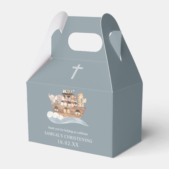 Dusty Blue Noah's Ark Christening Gable Favor Boxes (Front Side)