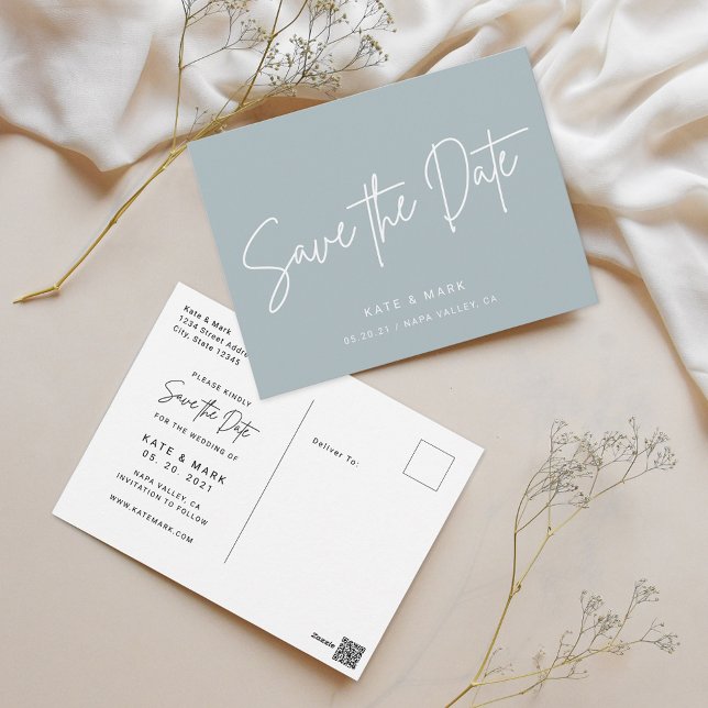 Dusty Blue Non-Photo Wedding Save the Date Postcard (Creator Uploaded)