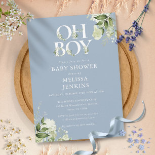 Dusty Blue Oh Boy Botanical Greenery Baby Shower Invitation