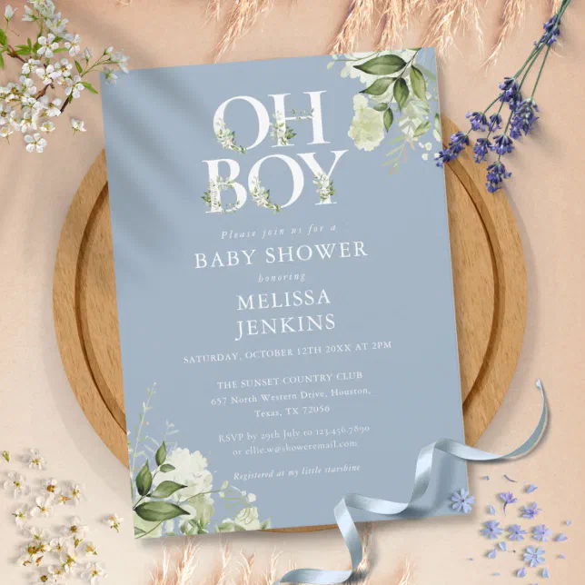 Dusty Blue Oh Boy Botanical Greenery Baby Shower Invitation | Zazzle