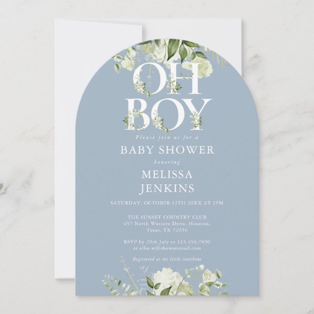 Dusty Blue Oh Boy Botanical Greenery Baby Shower Invitation (Front)