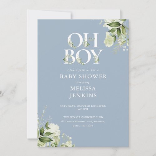 Dusty Blue Oh Boy Greenery QR Code Baby Shower Invitation