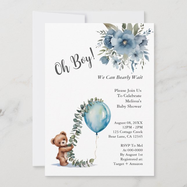 Dusty Blue Oh Boy We Can Bearly Wait Baby Shower Invitation (Front)