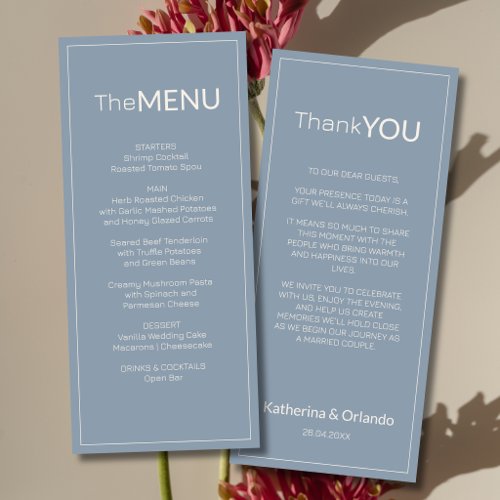 Dusty Blue Old Money Wedding Menu Thank You Note