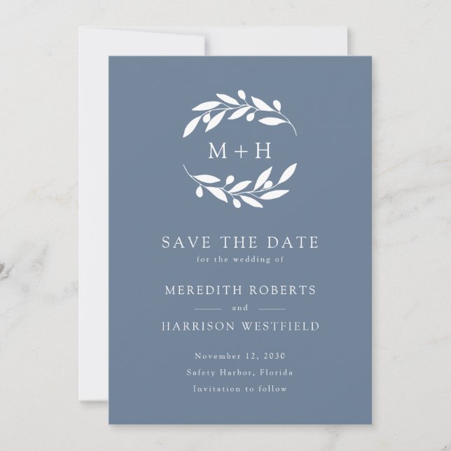Dusty Blue Olive Branch Monogram Wreath Wedding Save The Date (Front)