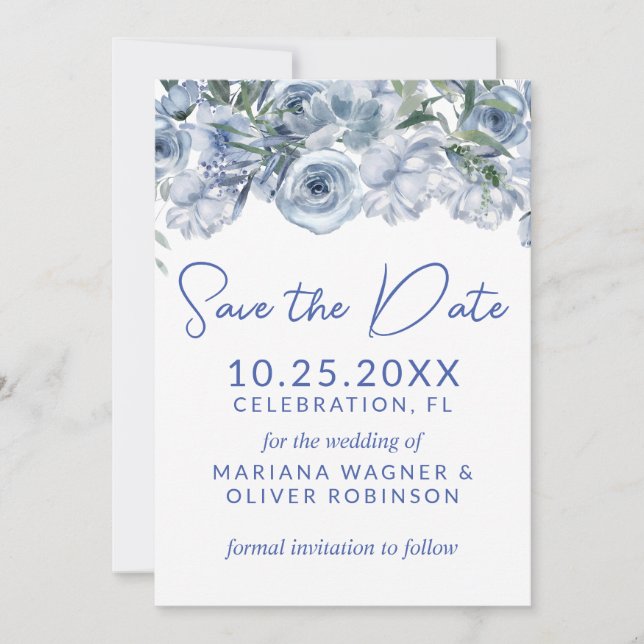 Dusty Blue on White Romantic Floral Save the Date Invitation (Front)