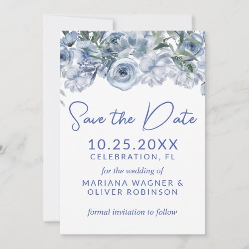 Dusty Blue on White Romantic Floral Save the Date Invitation