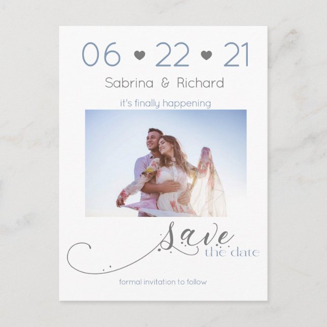 Dusty Blue One Photo Minimalist  Save the Date Postcard (Front)