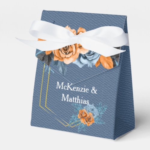 Dusty Blue Orange Gold Peony Rose Wedding Favor Boxes