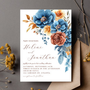 Dusty Blue Orange Terracotta Elegant Wedding Invitation