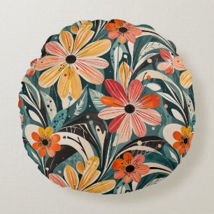 Dusty Blue & Orange Vintage Modern Floral Round Pillow
