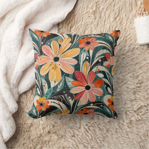 Dusty Blue & Orange Vintage Modern Floral Throw Pillow