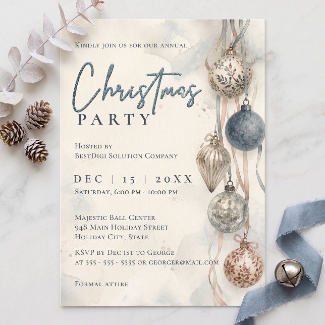 Dusty Blue Ornaments Corporate Christmas Party Invitation (Creator Uploaded)
