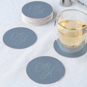 Dusty Blue Oversized Script Monogram Wedding Round Paper Coaster