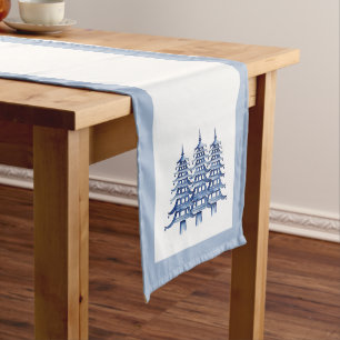 Dusty Blue Pagoda Christmas Trees Medium Table Runner