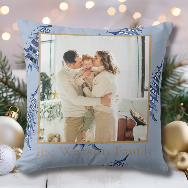 Dusty Blue Pagoda Merry Christmas Tree 1-Photo  Throw Pillow (Dusty Blue Pagoda Merry Christmas Tree 1-Photo Throw Pillow)