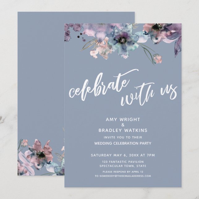 Dusty Blue Painted Floral Celebrate with Us Invitation (Front/Back)