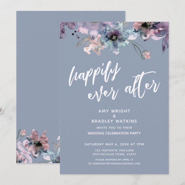 Dusty Blue Painted Floral Happily Ever After Invitation (Front/Back)