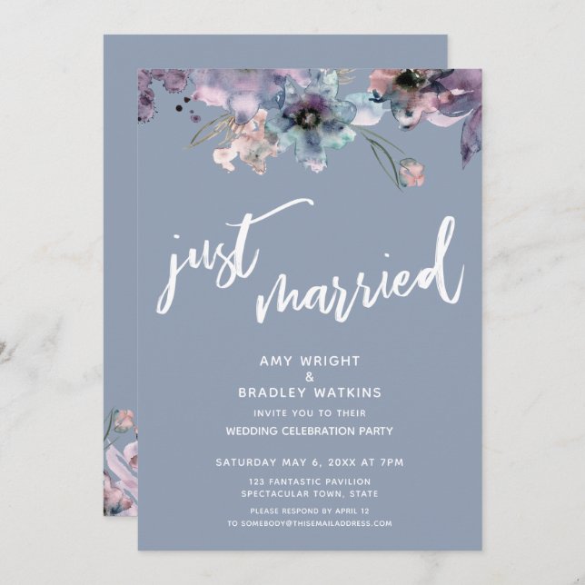 Dusty Blue Painted Floral Just Married Reception Invitation (Front/Back)