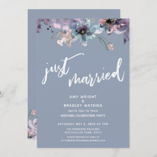 Dusty Blue Painted Floral Just Married Reception Invitation