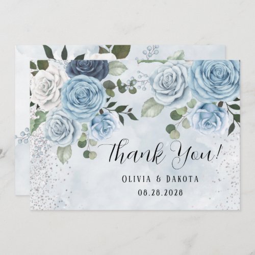 Dusty Blue Painted Floral Wedding Thank You Cards