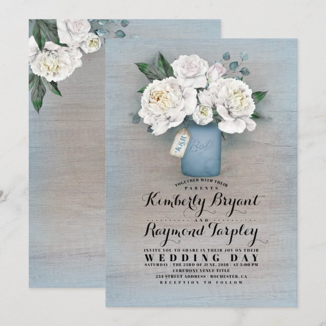 Dusty Blue Painted Mason Jar Rustic Floral Wedding Invitation (Front/Back)