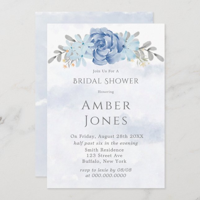 Dusty Blue Painted Peony Bridal Shower Invitation (Front/Back)