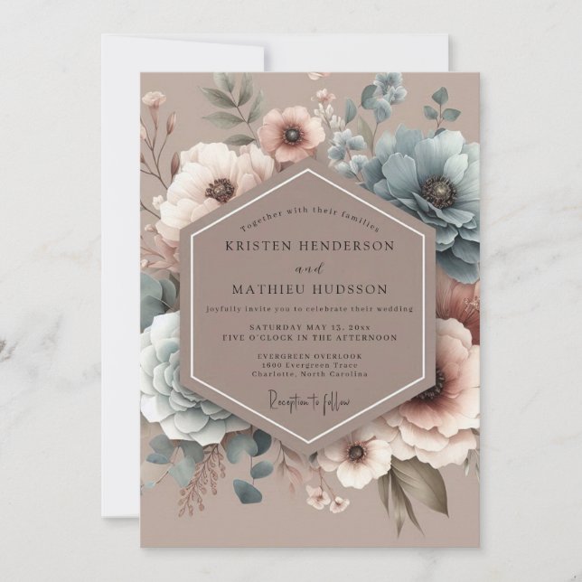 Dusty Blue Painterly Bloom Wedding Invitation (Front)